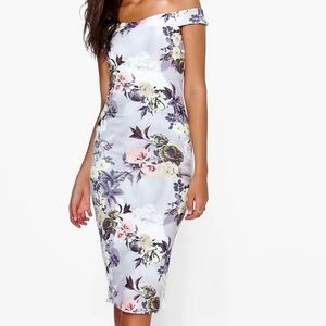 BooHoo Tall Rosie Bardot Floral Print Midi Dress